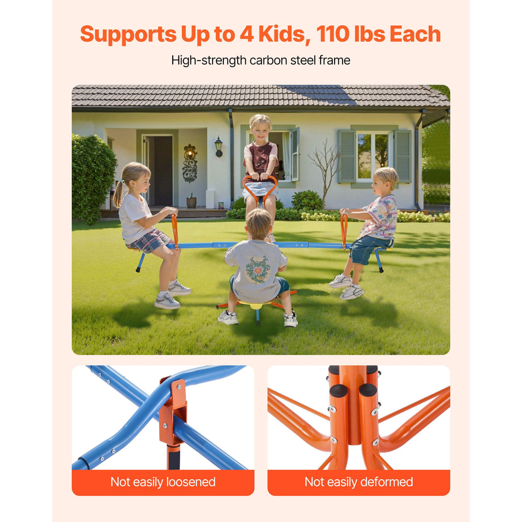 Kids Seesaw, 49.9 kg Load Capacity per Seat, Sit and Spin Teeter Totter with 4-prong Support Legs, Kids Outdoor Playground Equipment, Swiveling 360 Degrees Rotating for Children Aged 3+, 4 Seats