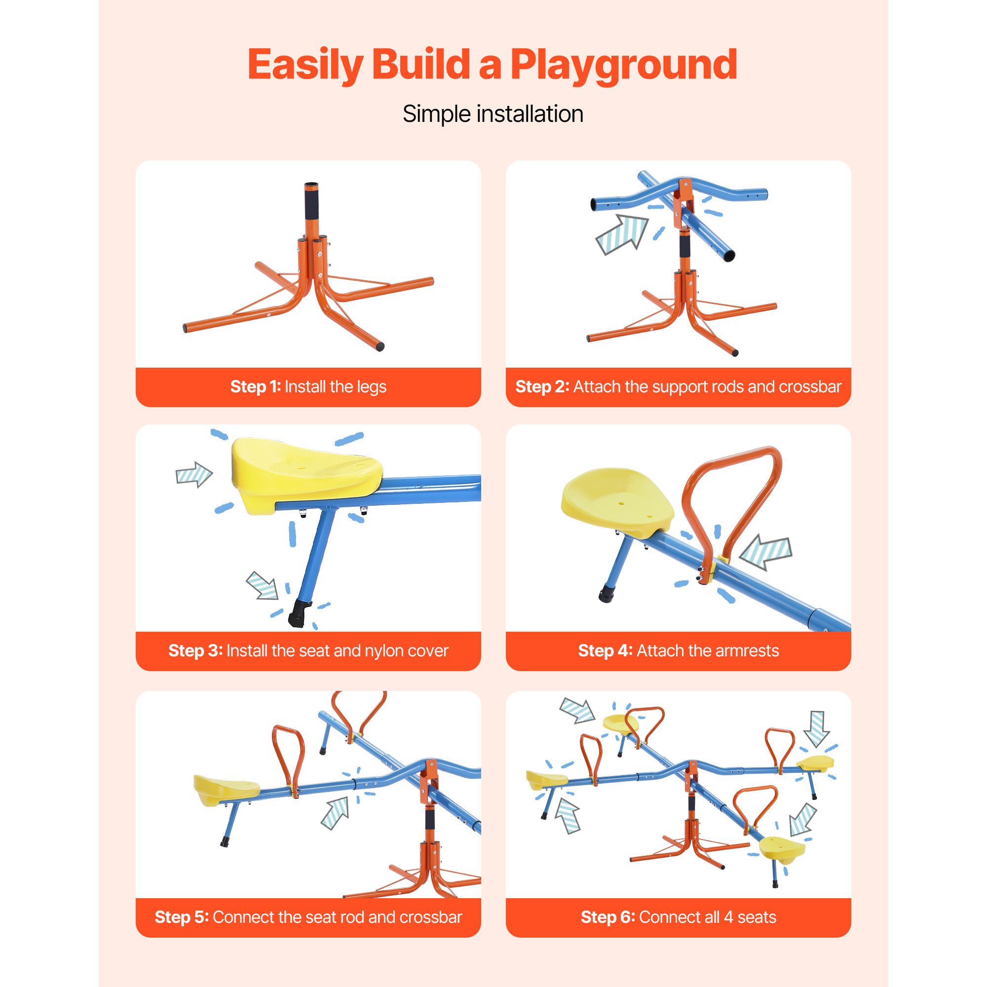 Kids Seesaw, 49.9 kg Load Capacity per Seat, Sit and Spin Teeter Totter with 4-prong Support Legs, Kids Outdoor Playground Equipment, Swiveling 360 Degrees Rotating for Children Aged 3+, 4 Seats