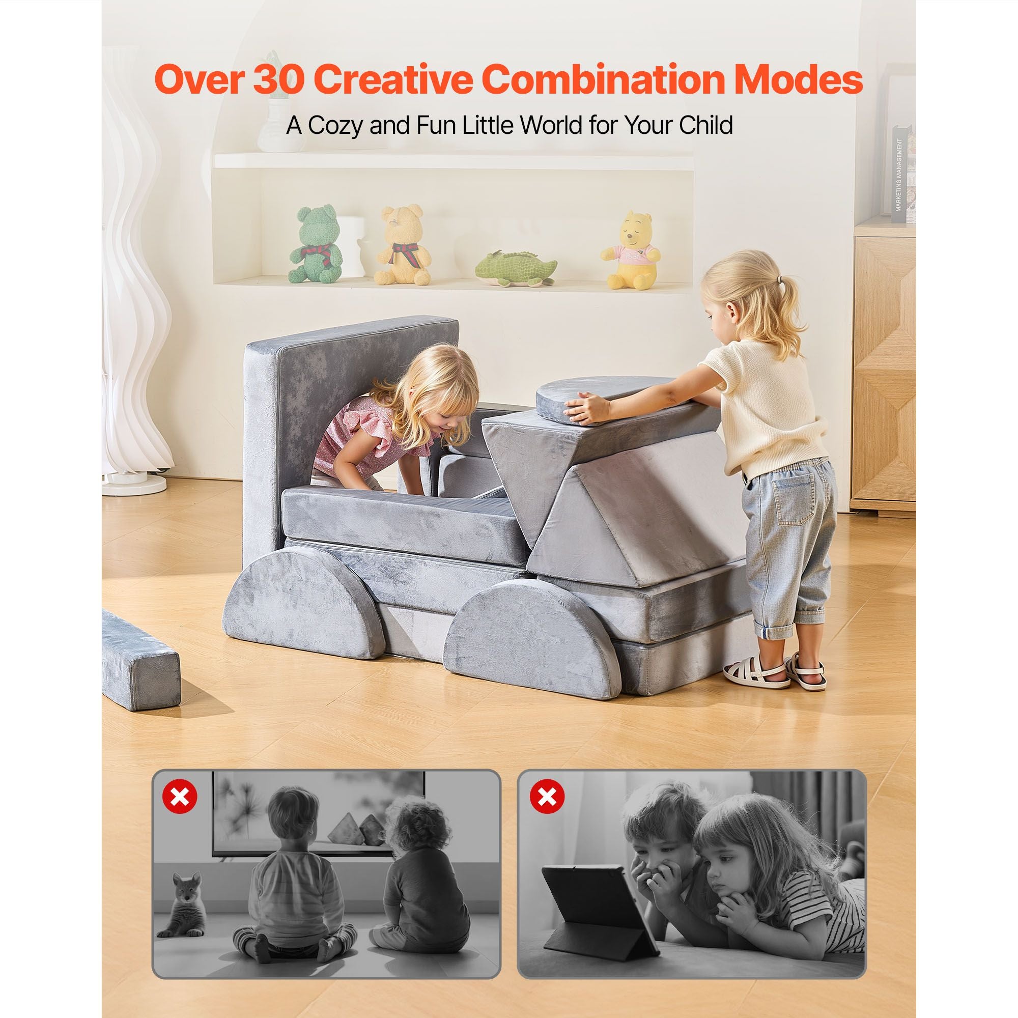 Modular Kids Play Couch, Sectional Toddler Sofa with Armrests, 28D Sponge & Short Pile, Convertible Kids Modular Couch DIY Creative Combination for Playroom, Bedroom, Living Room, 14 Pcs, Gray