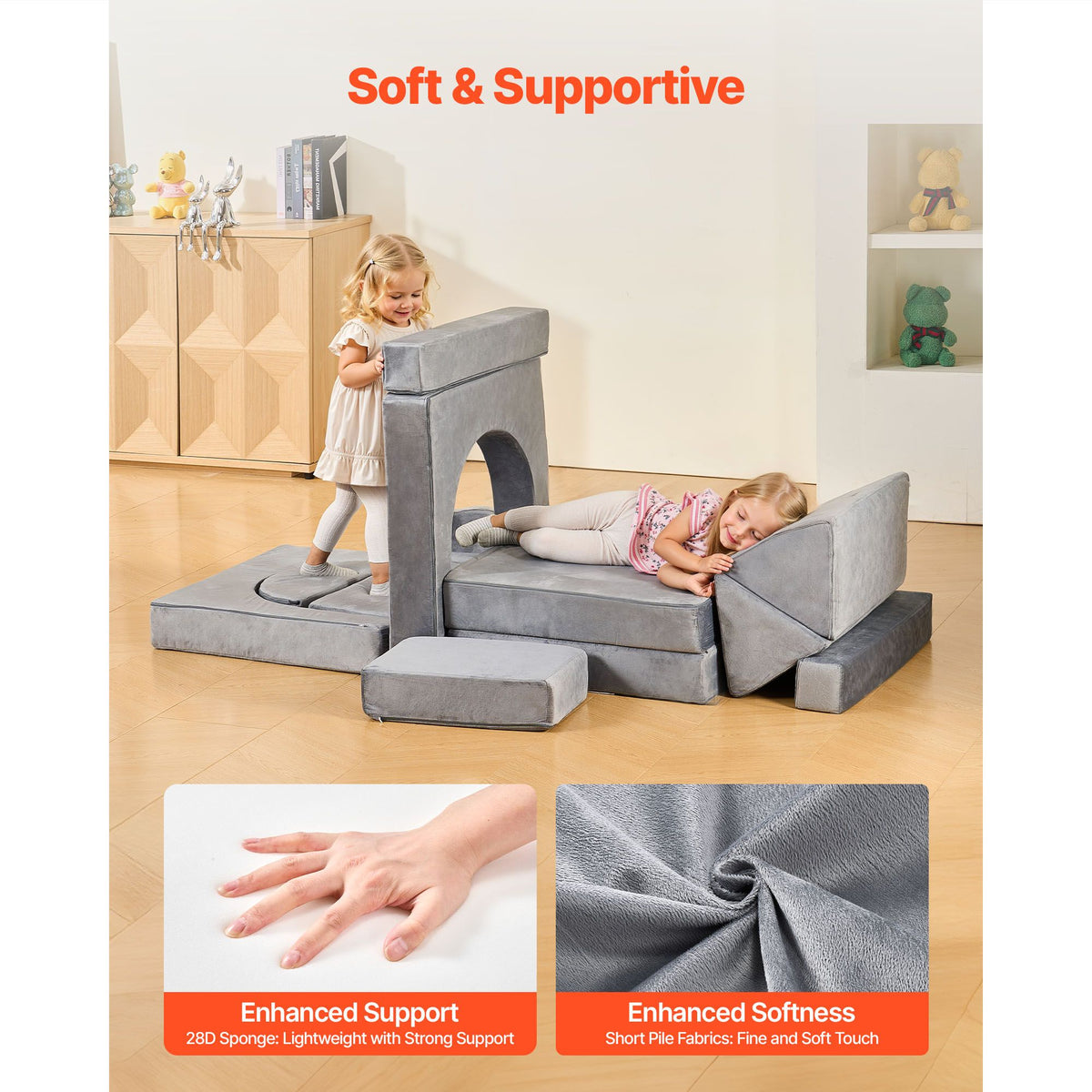 Modular Kids Play Couch, Sectional Toddler Sofa with Armrests, 28D Sponge & Short Pile, Convertible Kids Modular Couch DIY Creative Combination for Playroom, Bedroom, Living Room, 14 Pcs, Gray