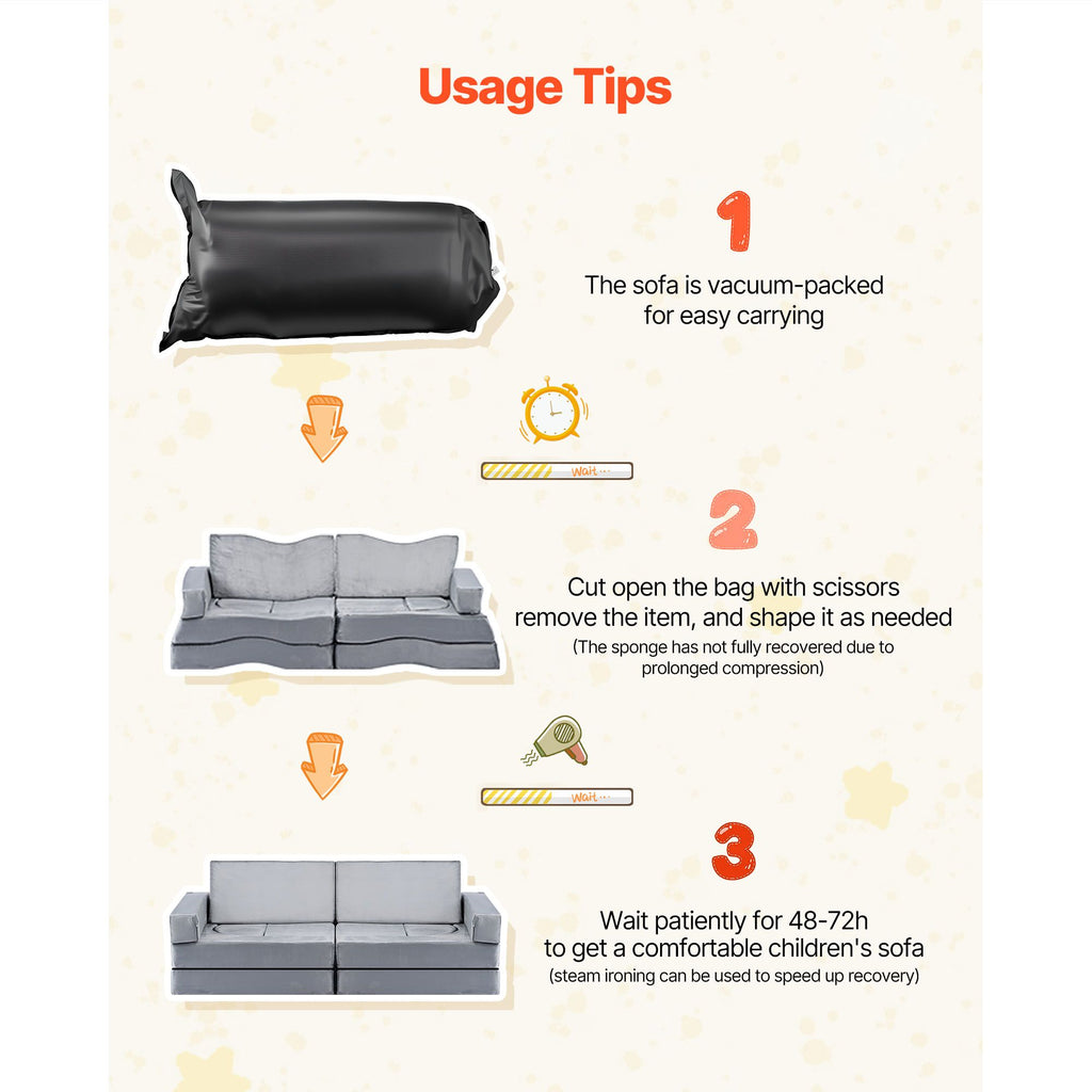 Modular Kids Play Couch, Sectional Toddler Sofa with Armrests, 28D Sponge & Short Pile, Convertible Kids Modular Couch DIY Creative Combination for Playroom, Bedroom, Living Room, 14 Pcs, Gray
