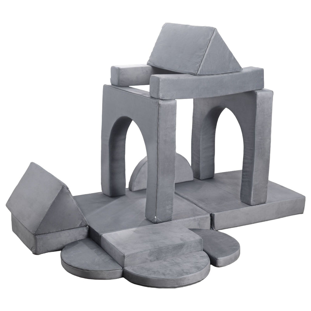 Modular Kids Play Couch, Sectional Toddler Sofa with Armrests, 28D Sponge & Short Pile, Convertible Kids Modular Couch DIY Creative Combination for Playroom, Bedroom, Living Room, 14 Pcs, Gray