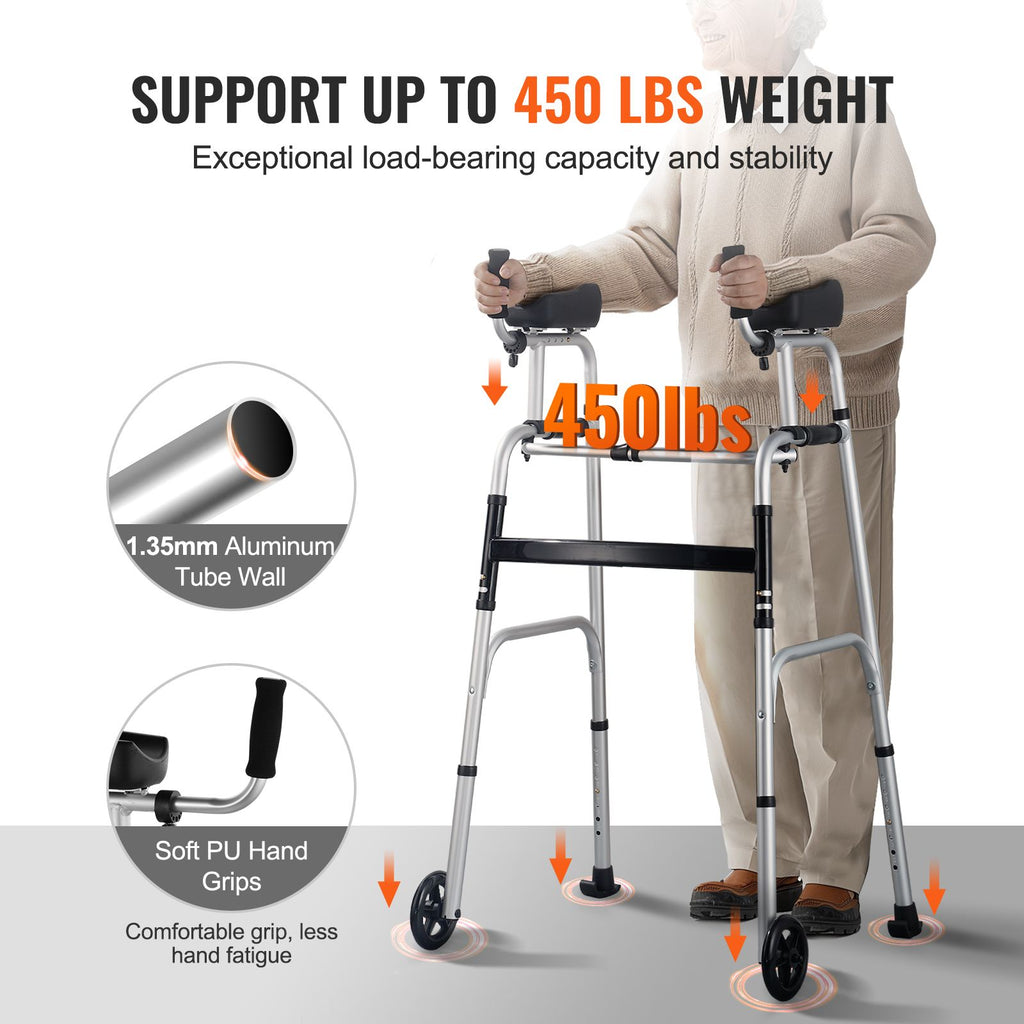 2 in 1 Folding Walker & Removable Armrests, Height Adjustable Foldable Walker with 5" Solid Wheels, Lightweight Aluminum | Front Wheeled Mobility Aid for Elderly Handicapped Disabled, 450 Pounds