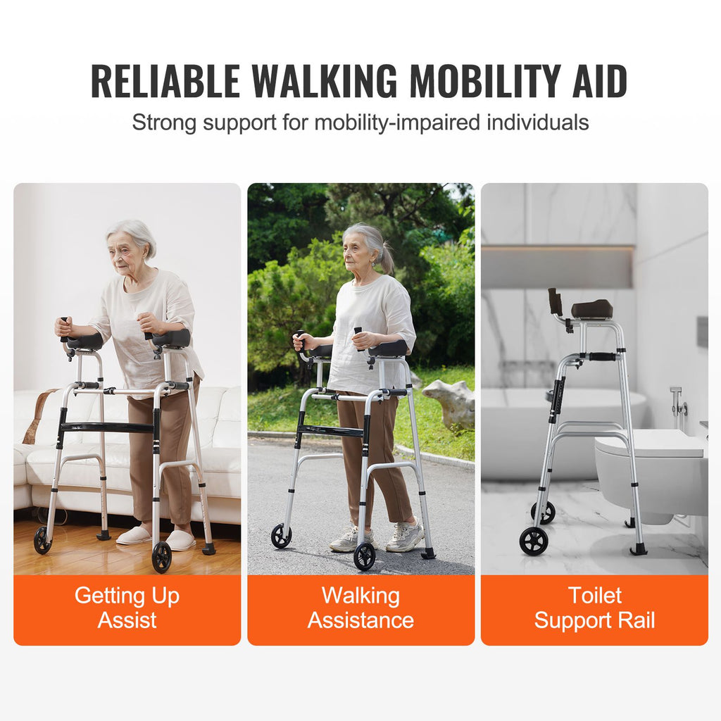 2 in 1 Folding Walker & Removable Armrests, Height Adjustable Foldable Walker with 5" Solid Wheels, Lightweight Aluminum | Front Wheeled Mobility Aid for Elderly Handicapped Disabled, 450 Pounds