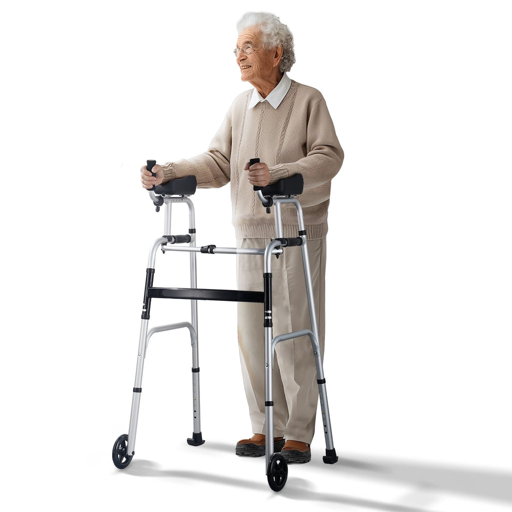 2 in 1 Folding Walker & Removable Armrests, Height Adjustable Foldable Walker with 5" Solid Wheels, Lightweight Aluminum | Front Wheeled Mobility Aid for Elderly Handicapped Disabled, 450 Pounds
