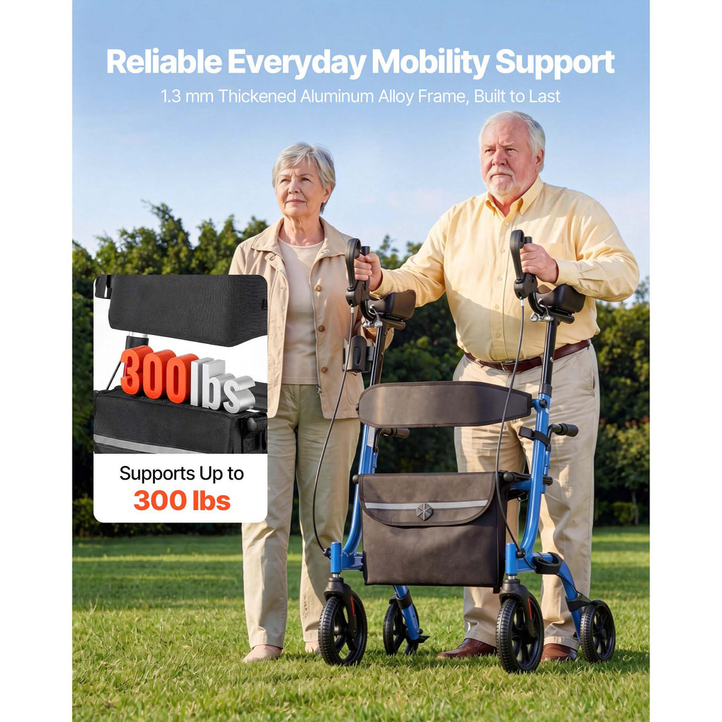 Rollator Walker with Seat for Seniors, Foldable Rolling Walker, Lightweight Aluminum Mobility Walking Aid with PU Solid Wheels, Adjustable Handle, Storage Bag, Cup/Cane Holder - Supports 136kg
