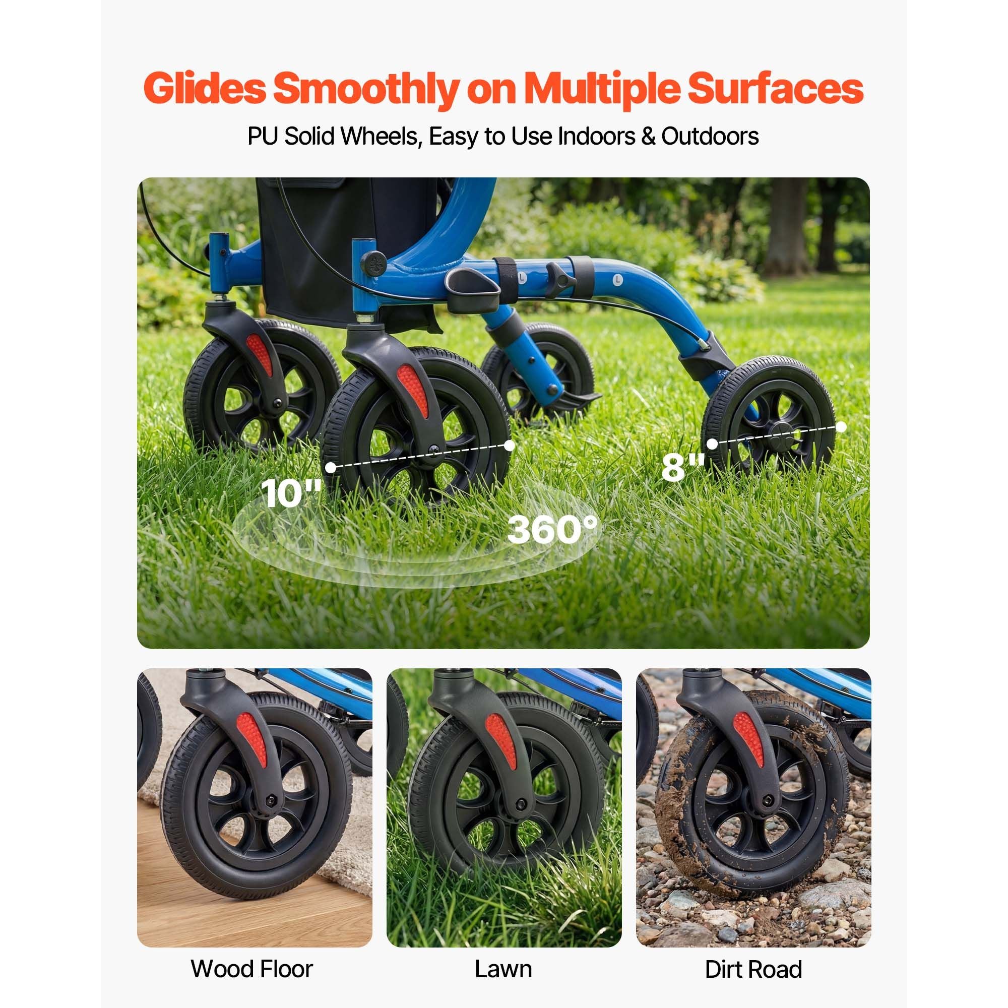 Rollator Walker with Seat for Seniors, Foldable Rolling Walker, Lightweight Aluminum Mobility Walking Aid with PU Solid Wheels, Adjustable Handle, Storage Bag, Cup/Cane Holder - Supports 136kg