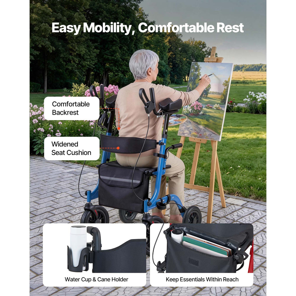 Rollator Walker with Seat for Seniors, Foldable Rolling Walker, Lightweight Aluminum Mobility Walking Aid with PU Solid Wheels, Adjustable Handle, Storage Bag, Cup/Cane Holder - Supports 136kg