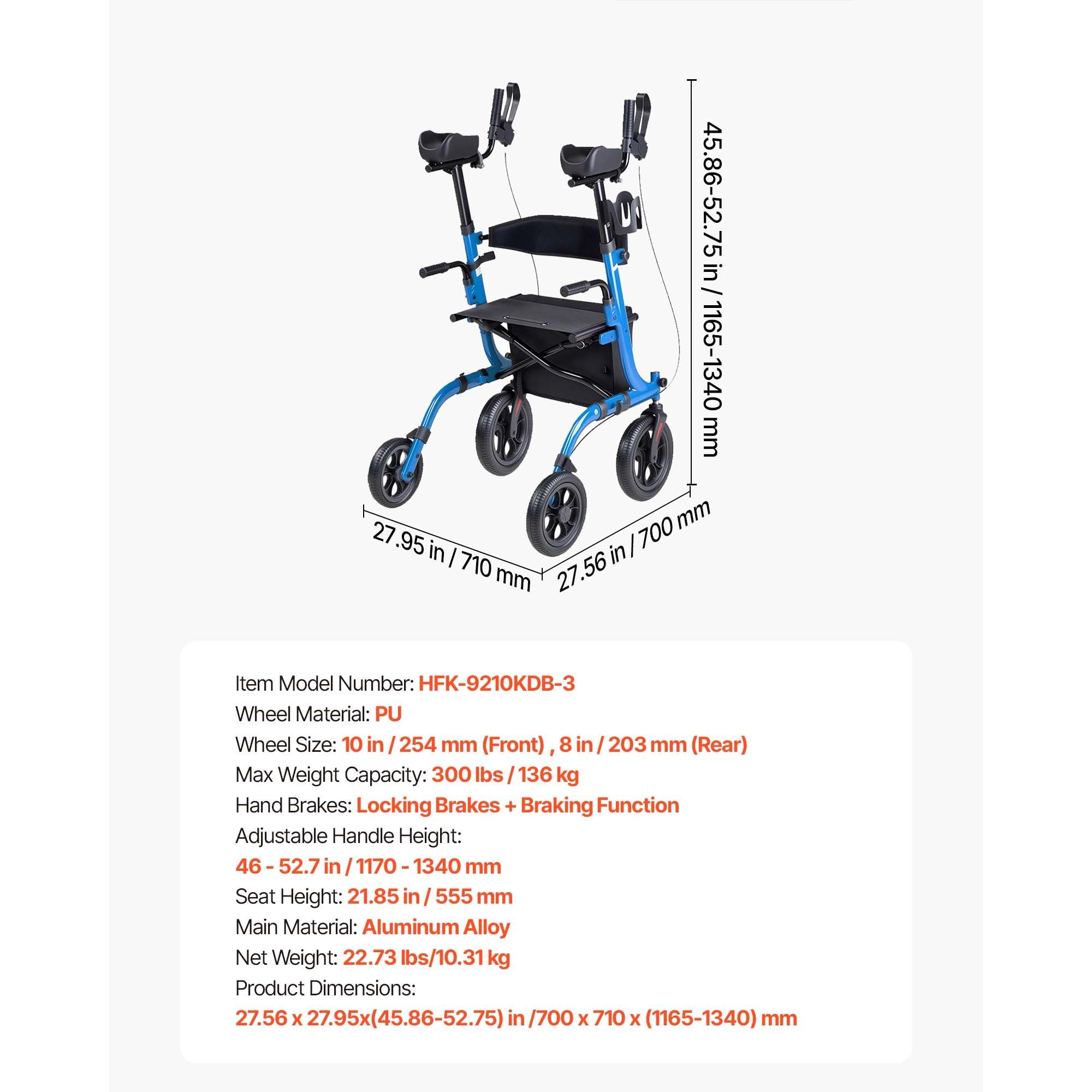 Rollator Walker with Seat for Seniors, Foldable Rolling Walker, Lightweight Aluminum Mobility Walking Aid with PU Solid Wheels, Adjustable Handle, Storage Bag, Cup/Cane Holder - Supports 136kg