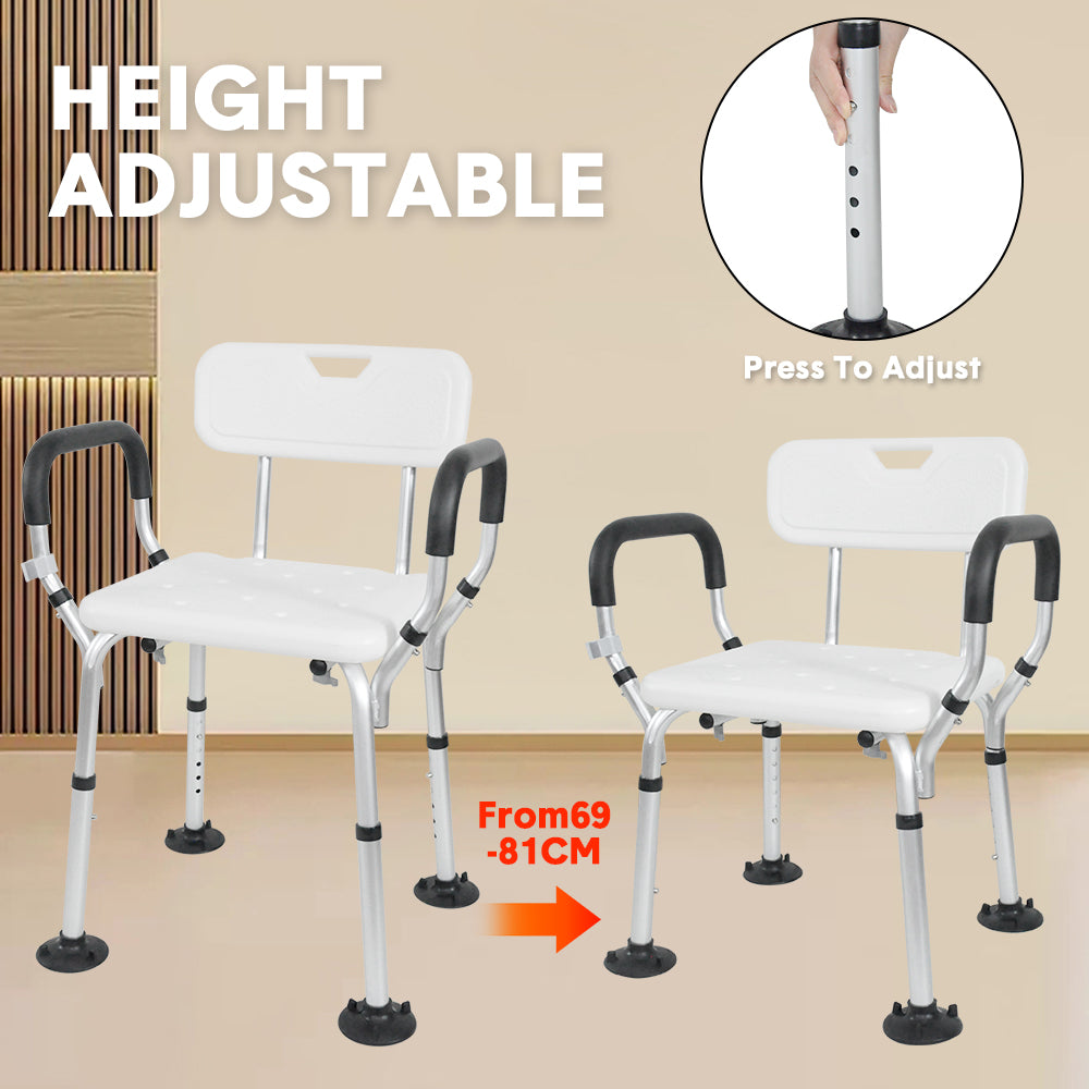 Shower Seat Bath Chair Adjustable Height Non-Slip Shower Bathtub Seat with Padded Arms Removable Back for Elderly Medical Disabled Safety Bathroom