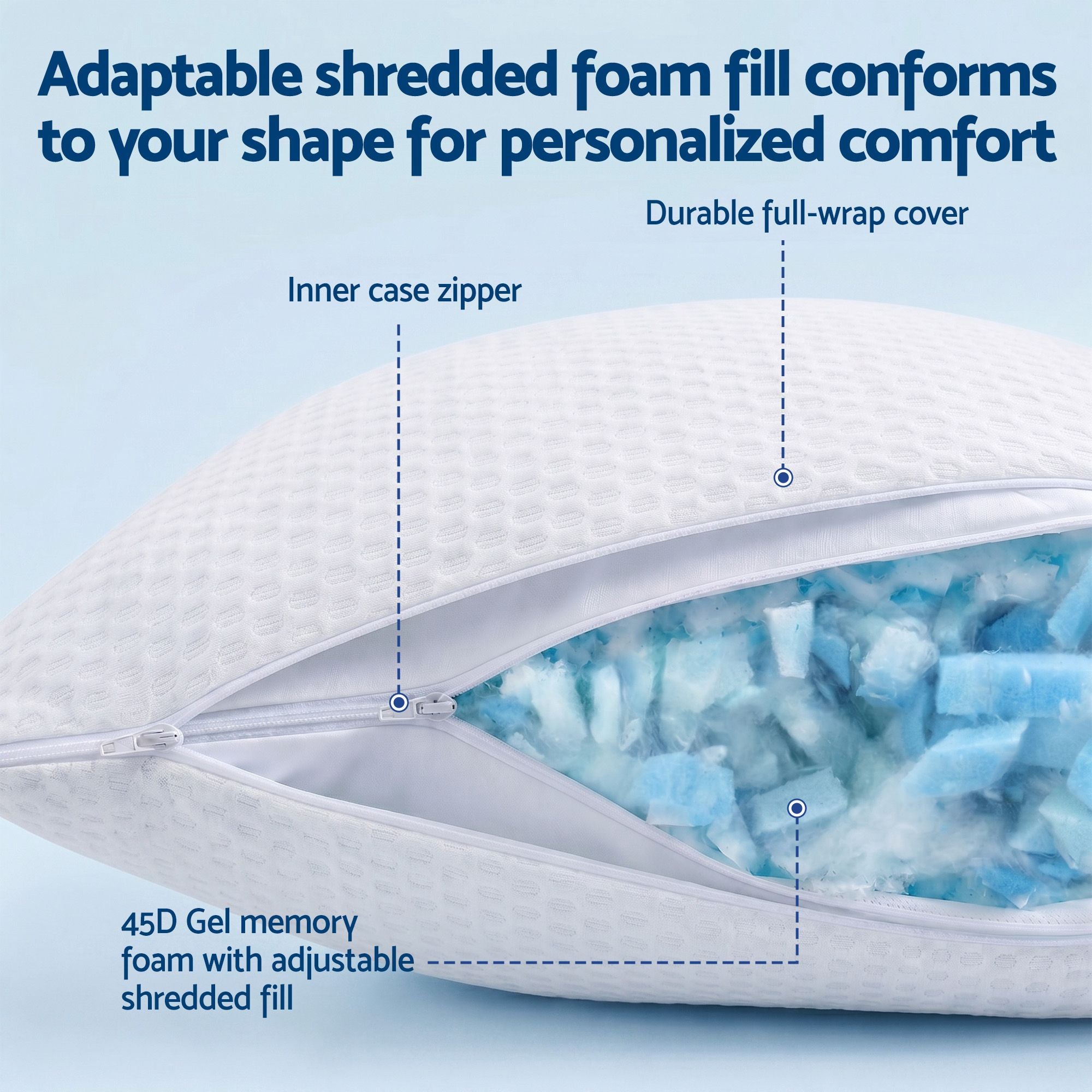 RoomSense Cooling Memory Foam Pillow Pillows 1 Pack, Anti-Flattening Bed Pillows for Hot Sleepers, Adjustable Shredded Gel Side Sleeper Pillow for Neck Support, Washable Cover, 72x50x15cm